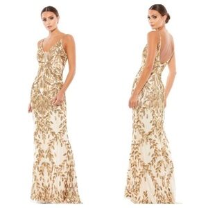 MAC DUGGAL Scoop Neck Sequin Mermaid Embellished Gown Nude Gold Size 2 NWT